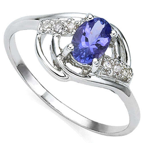 STUNNING 0.41 CT GENUINE TANZANITE & 2 PCS WHITE DIAMOND 0.925 STERLING SILVER W/ PLATINUM RING