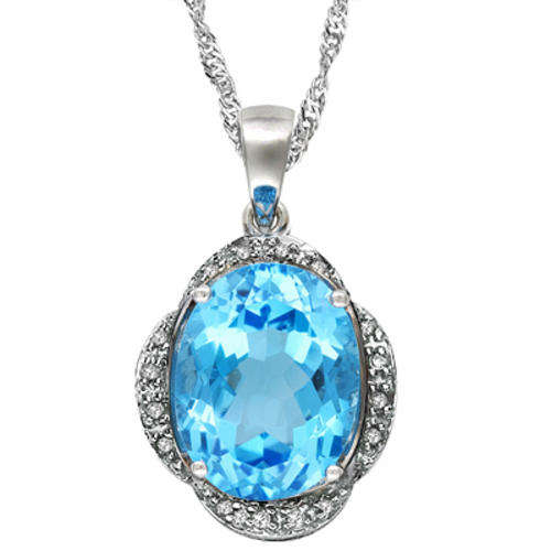 CHARMING 4 CT GENUINE BLUE TOPAZ & 2 PCS WHITE DIAMOND 0.925 STERLING SILVER W/ PLATINUM PENDANT
