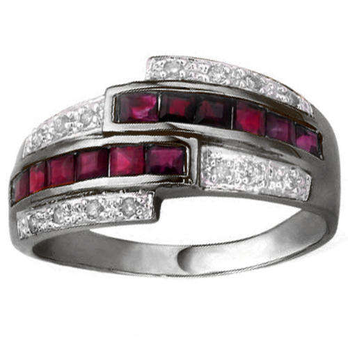 CLASSIC CHANNEL SET 12 PCS  RUBY & 2 PCS WHITE DIAMONDS 0.925 STERLING SILVER W/ PLATINUM RING