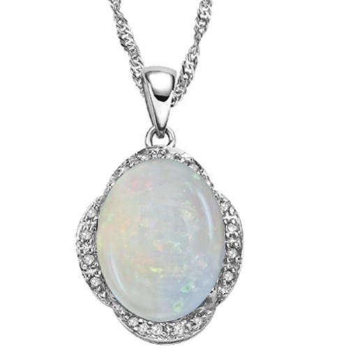 GRACEFUL! 10X12MM CREATED FIRE OPAL & DOUBLE WHITE DIAMOND 0.925 STERLING SILVER W/ PLATINUM PENDANT
