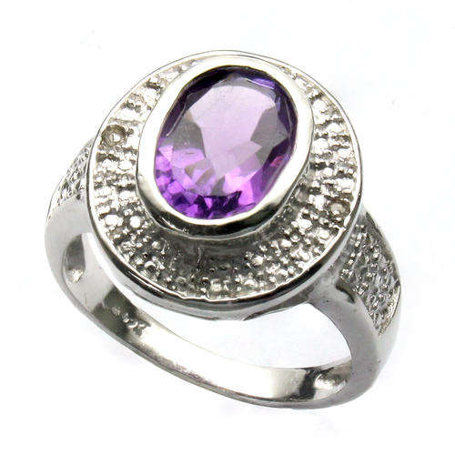 LOVELY 10x12 MM OVAL 2.28CT AMETHYST & 2 PCS WHITE DIAMOND IN 0.925 STERLING SILVER W/PLATINUM RING