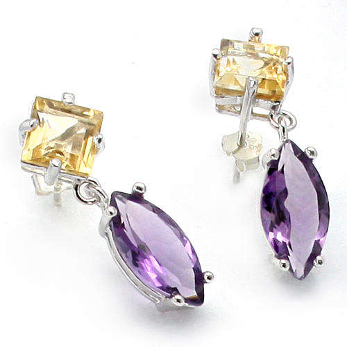 STUNNING AMETHYST & CITRINE & STERLING SILVER W/ PLATINUM EARRINGS