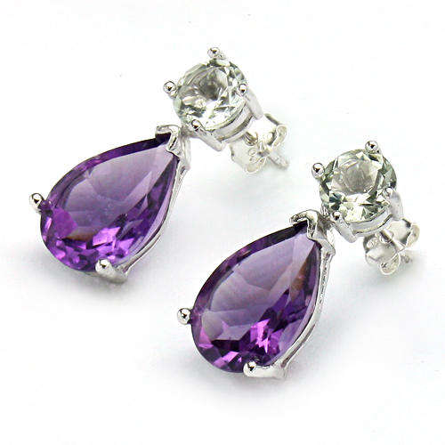 WONDERFUL AMETHYST & GREEN AMETHYST & STERLING SILVER W/ PLATINUM EARRINGS