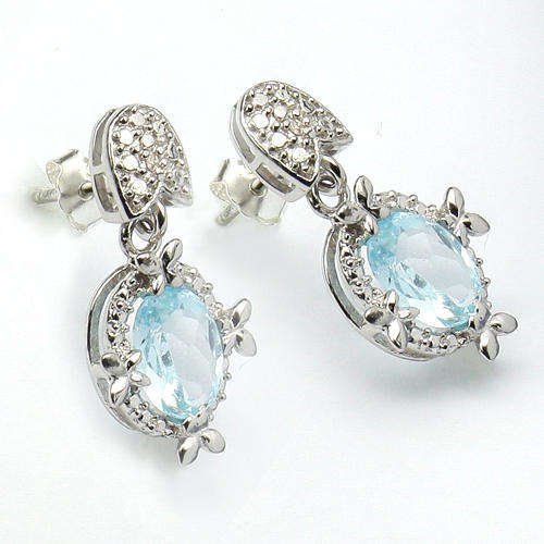 STUNNING 2.82 CARAT BLUE TOPAZ & 2 PCS WHITE DIAMOND 0.925 STERLING SILVER W/ PLATINUM EARRINGS
