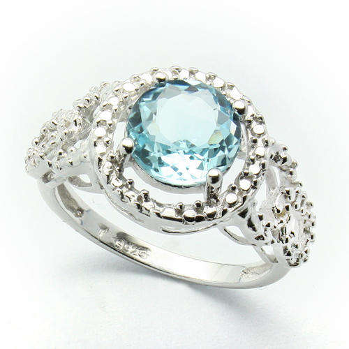 DAZZLING 8MM ROUND BLUE TOPAZ & DOUBLE WHITE DIAMOND 0.925 STERLING SILVER W/ PLATINUM RING