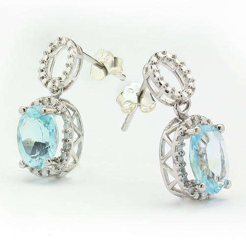 CHARMING 2.82 CARAT BLUE TOPAZ & 2 PCS WHITE DIAMOND 0.925 STERLING SILVER W/ PLATINUM EARRINGS