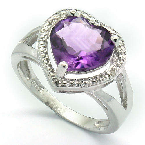 LOVELY HEART 10MM AMETHYST & 2 PCS WHITE DIAMONDS 0.925 STERLING SILVER RING