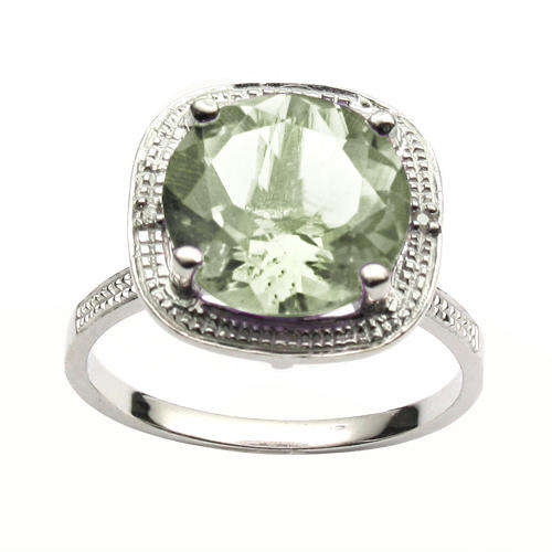 GORGEOUS 6 CT GREEN AMETHYST & 2 PCS WHITE DIAMOND 0.925 STERLING SILVER W/ PLATINUM RING SIZE 7