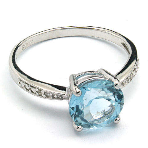 REFRESHING 8MM ROUND BLUE TOPAZ AND 2 PCS DIAMOND 925 SILVER RING