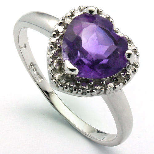 PRETTY HEART 8MM AMETHYST & 2 PCS WHITE DIAMONDS 0.925 STERLING SILVER RING