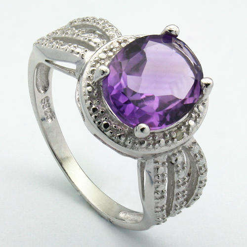 LARGE 8X10MM OVAL AMETHYST & A PAIR OF WHITE DIAMOND IN 0.925 STERLING SILVER W/ PLATINUM RING