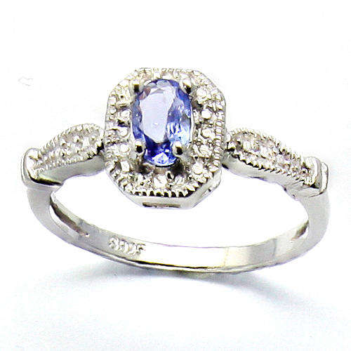 OUTSTANDING 6X4MM OVAL TANZANITE & 2 PCS WHITE DIAMOND IN 0.925 STERLING SILVER W/ PLATINUM RING
