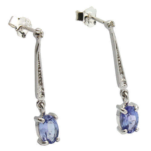 STUNNING DOUBLE 6X4MM GENUINE TANZANITE &  WHITE DIAMOND 0.925 STERLING SILVER W/ PLATINUM EARRINGS