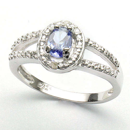 SPECTACULAR 6X4MM OVAL TANZANITE & 2 PCS WHITE DIAMOND IN 0.925 STERLING SILVER W/ PLATINUM RING