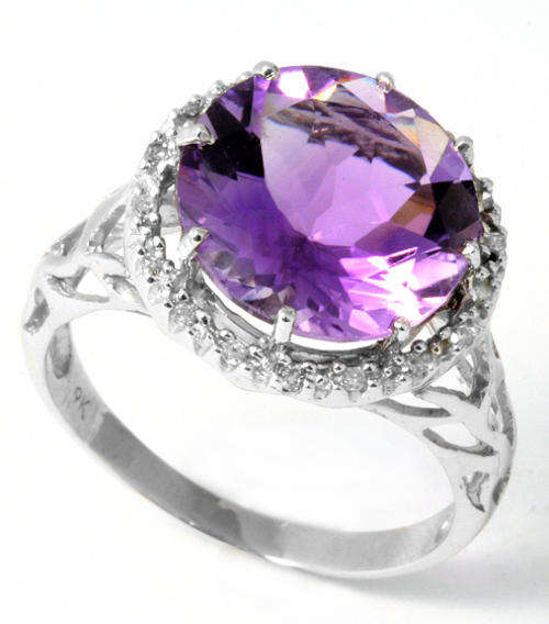 SOLID 9KT WHITE GOLD GENUINE AMETHYST AND DIAMOND RING
