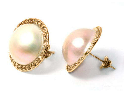 SOLID 10KT YELLOW GOLD GENUINE MABE PEARL AND DIAMOND EARRINGS