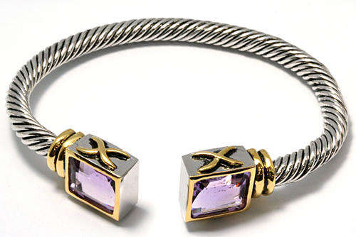 NEW! SILVER 925 BANGLE GENUINE AMETHYST OCTOGEN STONE