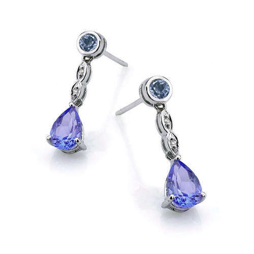 EXCELLENT 1.15CT TANZANITE & BLUE TOPAZ & DIAMOND EARRING IN SOLID 14KT WHITE GOLD