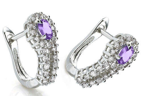 EXCELLENT GENUINE AMETHYST AND DIAMOND EARRINGS IN SOLID 9K WHITE GOLD