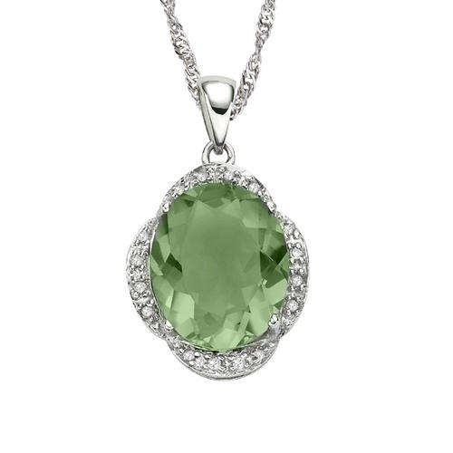 SOLID 9KT WHITE GOLD GENUINE GREEN AMETHYST AND DIAMOND PENDANT