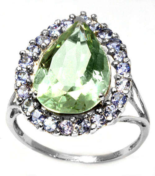 SOLID 9KT WHITE GOLD TEAR SHAPE GREEN AMETHYST & TANZANITE RING EXCELLENT