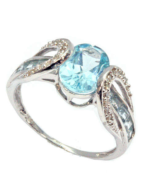 EXCELLENT WELL MADE SOLID 9KT WHITE GOLD GENUINE BLUE TOPAZ  AND DIAMOND RING