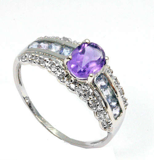 HOT SOLID 9KT WHITE GOLD GENUINE AMETHYST AND TANZANITE AND DIAMOND RING