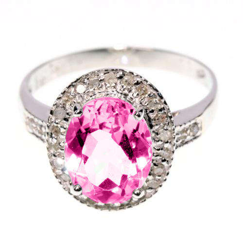 FINE GENUINE PINK TOPAZ AND DIAMOND RING SOLID 9KT WHITE GOLD