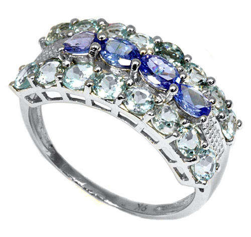 RARE 9KT WHITE GOLD GENUINE TANZANITE & BLUE TOPAZ RING
