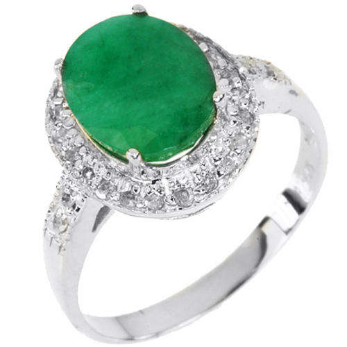 GENUINE OVAL EMERALD & DIAMOND RING SOLID 14KT WHITE GOLD