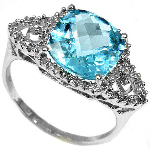 NEW! 9KT SOLID WHITE GOLD GENUINE BLUE TOPAZ AND DIAMOND RING
