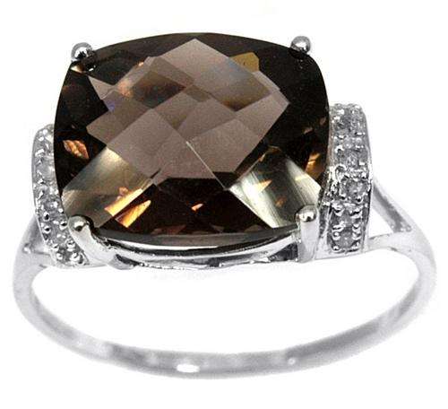 FANCY SOLID 9KT WHITE GOLD 5CT REAL SMOCKY QUARTZ AND DIAMOND RING
