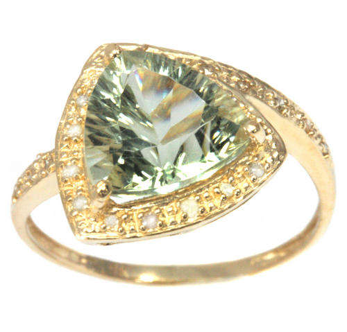 LOVELY SOLID 9KT YELLOW GOLD GENUINE GREEN AMETHYST & DIAMOND RING