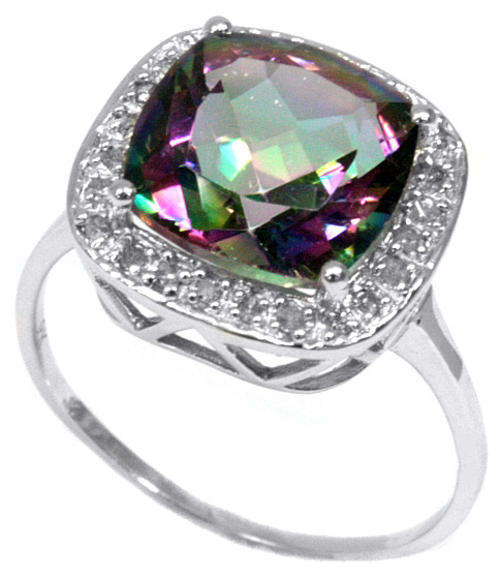 SOLID 9KT WHITE GOLD GENUINE MYSTIC TOPAZ AND DIAMOND RING
