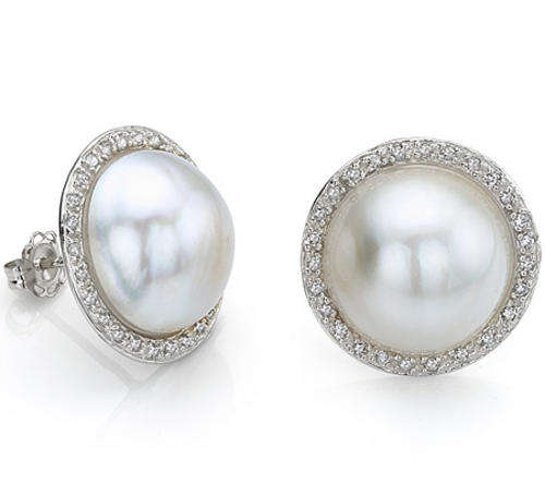 SOLID 9KT WHITE GOLD GENUINE MABE PEARL AND DIAMOND EARRING
