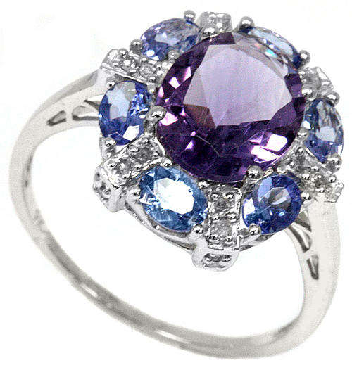 SOLID 9KT WHITE GOLD GENUINE AMETHYST AND TANZANITE AND DIAMOND RING