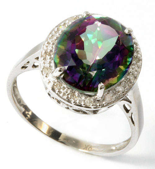 EXCLUSIVE SOLID 9KT WHITE GOLD MYSTIC TOPAZ AND DIAMOND RING