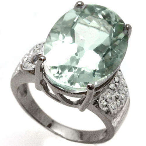 RARE GREEN AMETHYST & 20PCS WHITE DIAMOND 0.925 STERLING SILVER RING