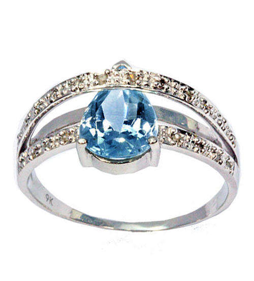 SOLID 9K WHITE GOLD TEAR CUT GENUINE SWISS BLUE TOPAZ AND DIAMOND RING