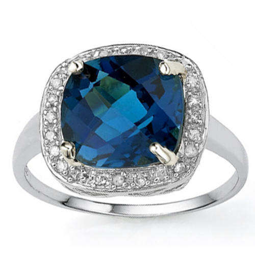 FANCY SOLID 9KT WHITE GOLD 5CT GENUINE LONDON BLUE TOPAZ AND DIAMOND RING