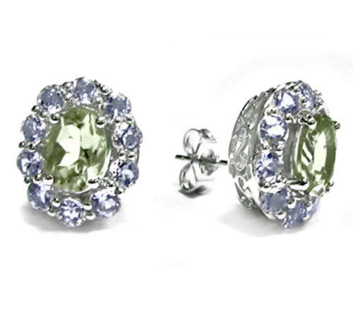 925 STERLING SILVER GENUINE GREEN AMETHYST AND TANZANITE EARRING