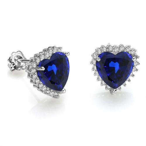 LAB TANZANITE & 44PCS GENUINE WHITE DIAMOND 0.925 STERLING SILVER EARRINGS