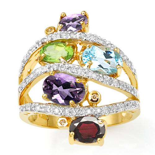 MUTIPLE GEMSTONES AND GENUINE DIAMONDS GOLD OVER SILVER RING