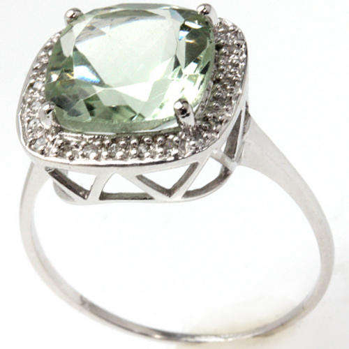 SOLID 9KT WHITE GOLD GENUINE GREEN AMETHYST AND DIAMOND RING