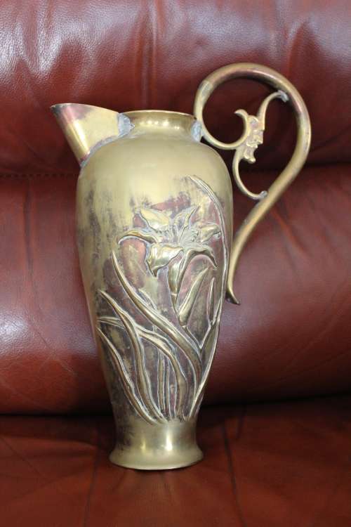 Antique Art Nouveau brass and copper Pitcher with embossed lily in high relief