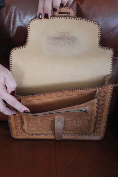 Hand tooled genuine Leather handbag 29.5cm x 24.5cm