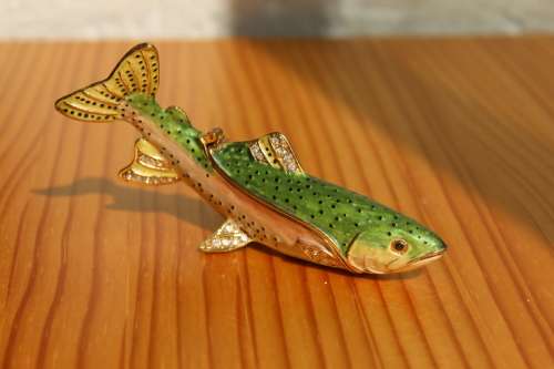 Original Treasurine Rainbow Trout Enamel Trinket Box 11cm long