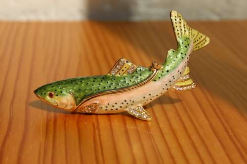 Original Treasurine Rainbow Trout Enamel Trinket Box 11cm long