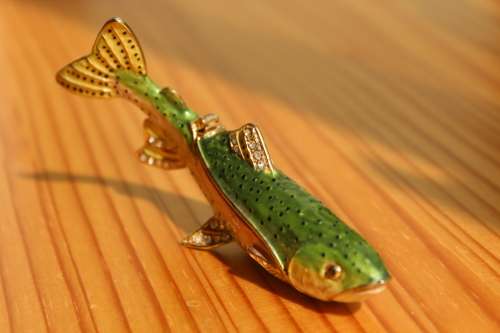 Original Treasurine Rainbow Trout Enamel Trinket Box 11cm long