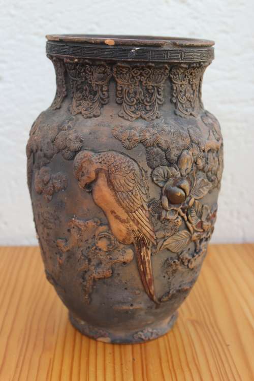 Antique japanese earthenware vase with predatory bird and pheasants in high relief 25cm tall x 15cm